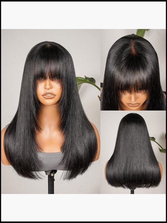 7x5 Lace Front Human Hair Wig With Bangs Glueless Pre Plucked Straight Heat main image 5